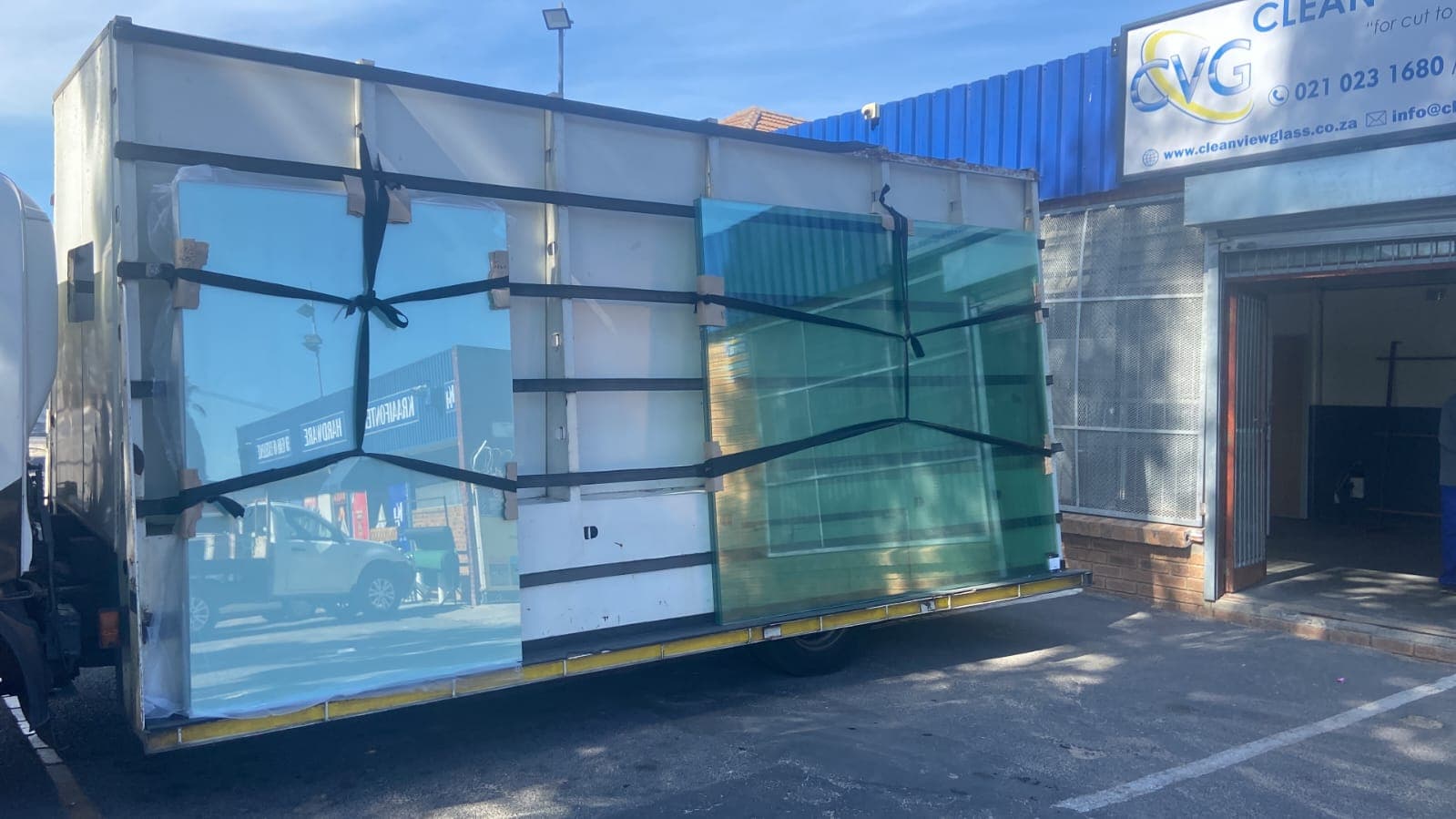 Clean View Glass delivery truck loaded with premium glass